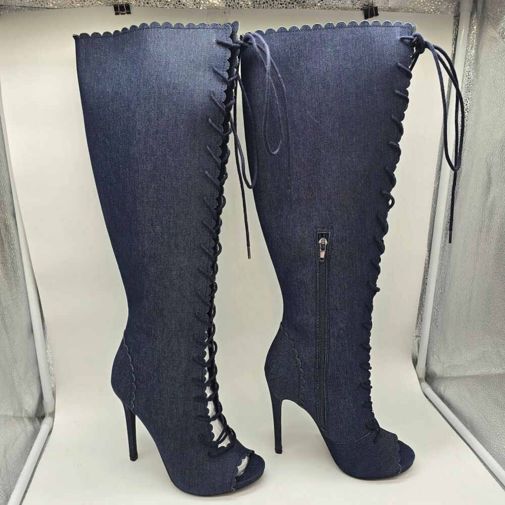 Denim Knee High Boots Size 8.5 | Y2K Festival Statement Heels - Picture 5 of 13